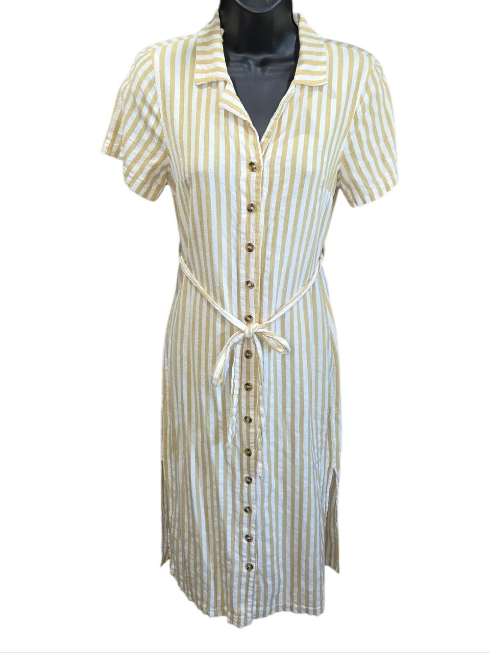 entro Cream and Beige Striped Button-Front Midi Dress Size S - Picture 3 of 5
